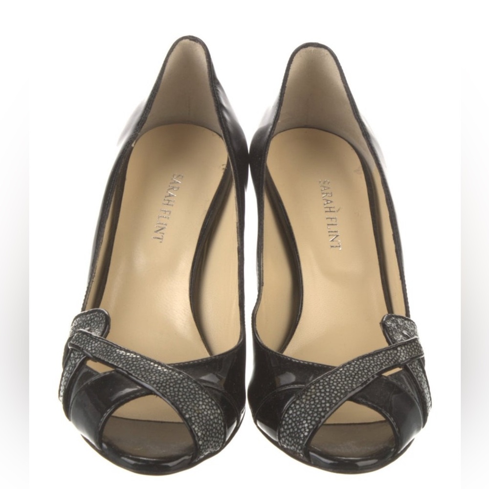 Sarah Flint Black Patent Peep-Toe Heels w/ Stingray-Embossed Trim Excellent 🌟